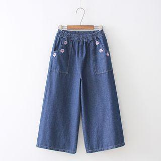 Cherry Blossom Embroidered Wide-leg Jeans
