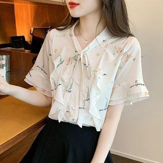Short-sleeve Lettering Leaf Print Bow Blouse