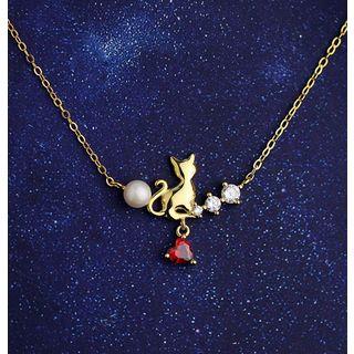 925 Sterling Silver Cat Rhinestone Heart Faux Pearl Pendant Necklace As Shown In Figure - One Size