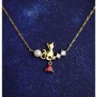 925 Sterling Silver Cat Rhinestone Heart Faux Pearl Pendant Necklace As Shown In Figure - One Size