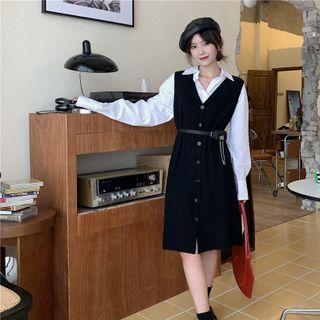 Sleeveless Button-up Knit A-line Dress Black - One Size