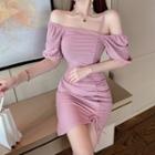 Cold-shoulder Drawstring Shirred Mini Bodycon Dress