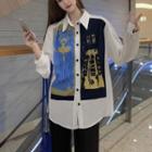 Polo Collar Retro Print Oversize Shirt As Shown In Figure - One Size