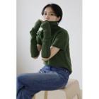 Turtle-neck Wool Blend Knit Top With Hand Warmers Green - One Size