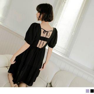 Puff-sleeve Square Neck Open Back Tiered A-line Dress