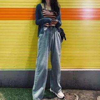 Sleeveless Striped Top / Plain Cardigan / Straight-cut Jeans / Set