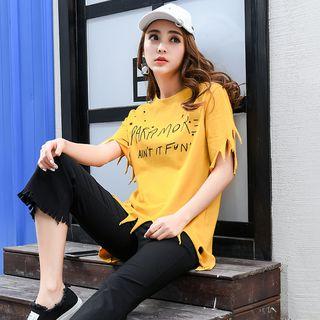 Letter Fringed Elbow-sleeve T-shirt