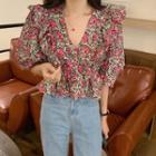 Puff-sleeve Ruffle Trim Floral Blouse Floral - One Size