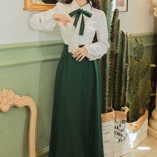 Set: Bow Accent Shirt + Midi A-line Skirt