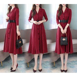 3/4-sleeve Pinstriped Midi A-line Shirtdress