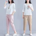Set: Embroidered 3/4-sleeve T-shirt + Cropped Pants