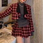 Plaid Cropped Jacket / Mini Skirt / Long-sleeve Drawstring Top