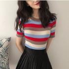 Short-sleeve Striped Knit T-shirt Stripe - Red - One Size
