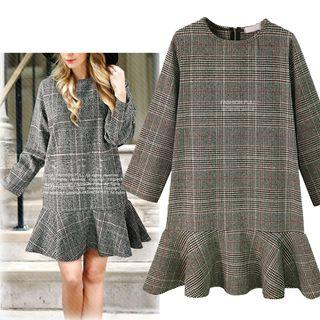 Plaid Long-sleeve Ruffle Hem Shift Dress