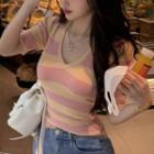 Short-sleeve Striped Ribbed Polo Knit Top Pink & Apricot - One Size