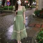 Two Tone Pleated A-line Dress Green - One Size