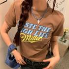 Short-sleeve Lettering Drawstring Cropped T-shirt Khaki - One Size