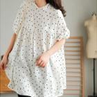 Elbow-sleeve Dotted Frill Trim Tunic Blouse Black Dots - White - One Size