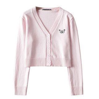 V-neck Butterfly Embroidered Crop Cardigan