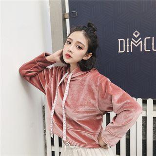 Lettering Drawstring Velvet Hoodie