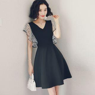 Short-sleeve Ruffled Polka Dot Mesh Paneled A-line Mini Dress