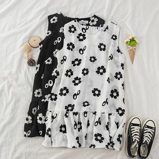 Flower Print Ruffled Hem Sleeveless Dress