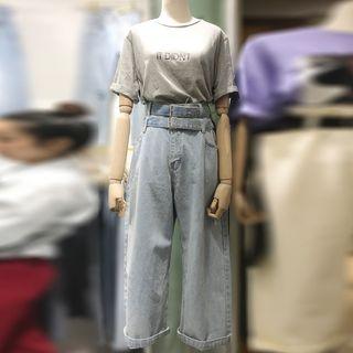 Set: Elbow-sleeve Lettering T-shirt + Wide-leg Jeans