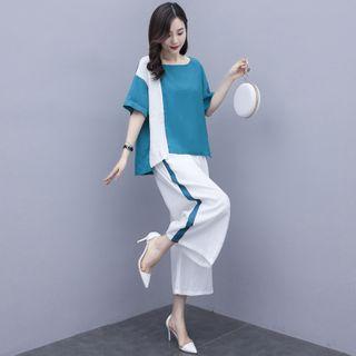 Set: Short-sleeve Paneled Blouse + Wide Leg Pants