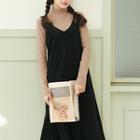 Set:plain Long-sleeve Top+plain V-neck Dress