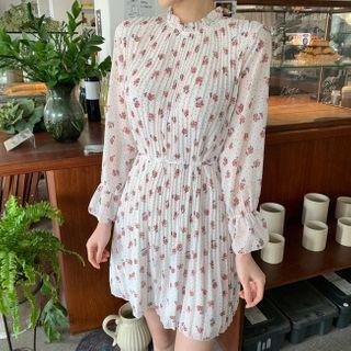 Accordion Pleated Floral Print Dress Ivory - One Size