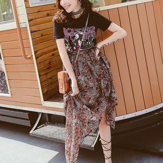 Set: Print Short-sleeve T-shirt + Chiffon Skirt
