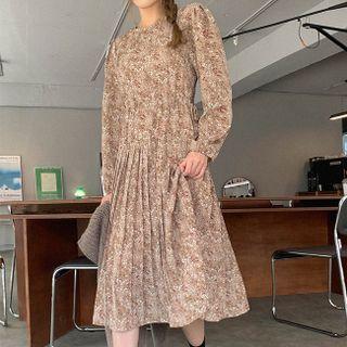 Drawstring-waist Pleated Floral Print Dress