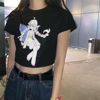 Short-sleeve Cartoon Printed Cropped Top