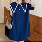 Short-sleeve Sailor Collar Two Tone Trim Loose Fit Dress