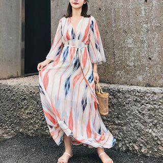 Elbow-sleeve Stripe V-neck Maxi Chiffon Dress