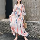 Elbow-sleeve Stripe V-neck Maxi Chiffon Dress