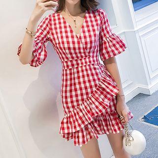 Short-sleeve Plaid Mini Mermaid Sheath Dress