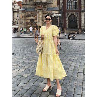 Puff-sleeve Gingham Long Tiered Dress