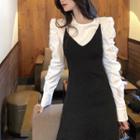 Set: Spaghetti Strap Plain Midi A-line Dress + Long-sleeve T-shirt