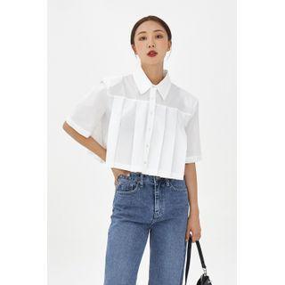 Padded-shoulder Pleated Cropped Blouse Ivory - One Size