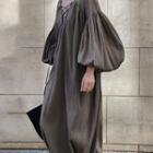 Puff-sleeve V-neck Maxi Dress Dark Gray - One Size