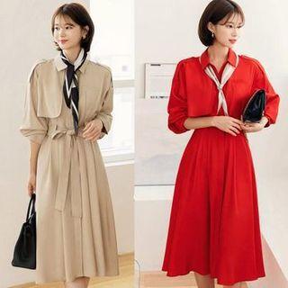 Epaulet Flap Flared Midi Trench Dress With Sash