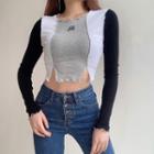 Long-sleeve Lettering Embroidered Color Block Crop Top