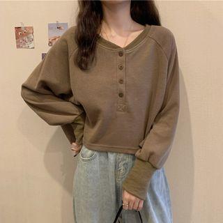 Round Neck Henley Cropped Sweatshirt