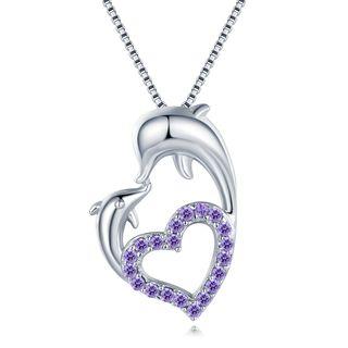 Forever Dolphin Love - 925 Sterling Silver Purple Cz Necklace
