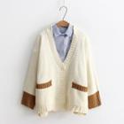 Contrast Trim V-neck Cardigan Without Shirt - White - One Size