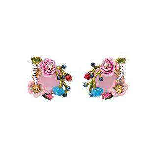 Fashion And Elegant Plated Gold Enamel Flower Caterpillar Stud Earrings With Red Cubic Zirconia Golden - One Size