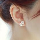 S925 Silver Rhinestone & Faux-pearl Flower Stud Earring