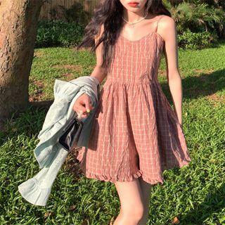 Ruffle Lace Jacket / Spaghetti Strap Plaid Romper