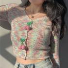 Cherry Accent Color Block Cropped Cardigan Pink & Yellow & Green - One Size